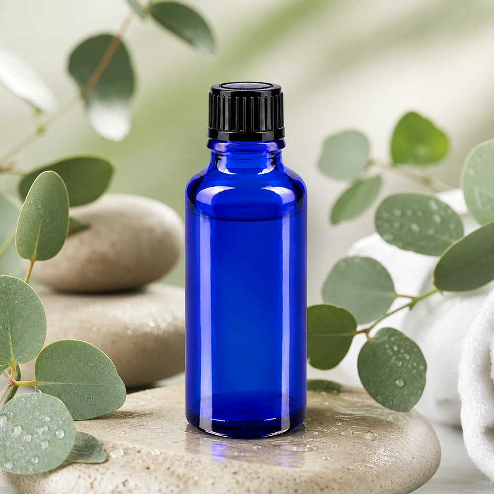 Bottiglia da farmacia blu da 30ml. SV STD nero/11mm ApoGlas Flacone da farmacia da 30 ml color blu cobalto con tappo contagocce nero su pietre per il benessere