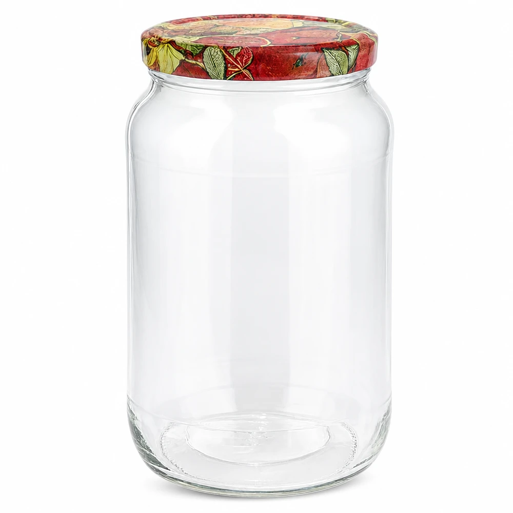 Barattolo rotondo da 1062 ml + coperchio BasicSeal per frutta... Barattolo rotondo da 1062 ml con coperchio BasicSeal barattolo per conserve con decorazioni di frutta barattolo vuoto trasparente con motivi di frutta colorata