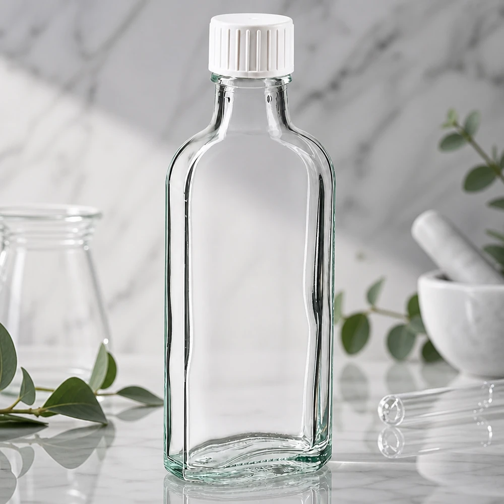 100 ml Meplat tappo a vite trasparente con anello versatore Flacone di vetro Meplat vuoto da 100 ml con tappo di sicurezza per bambini bianco e anello versatore