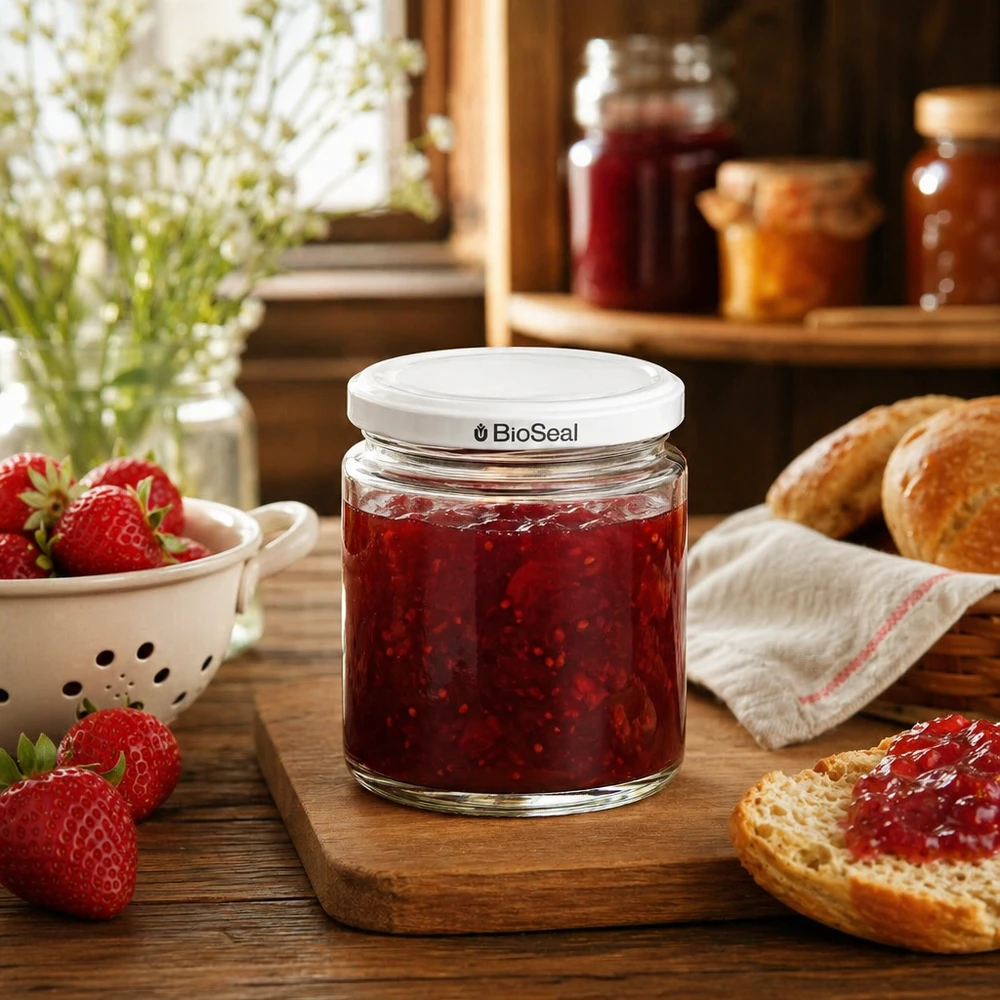 Vasetto per miele da 350 g con capsula bianca BioSeal UNiTWIST Vasetto di miele da 250 ml con coperchio BioSeal riempito di marmellata di fragole su una tavola di legno accanto a fragole fresche e pane