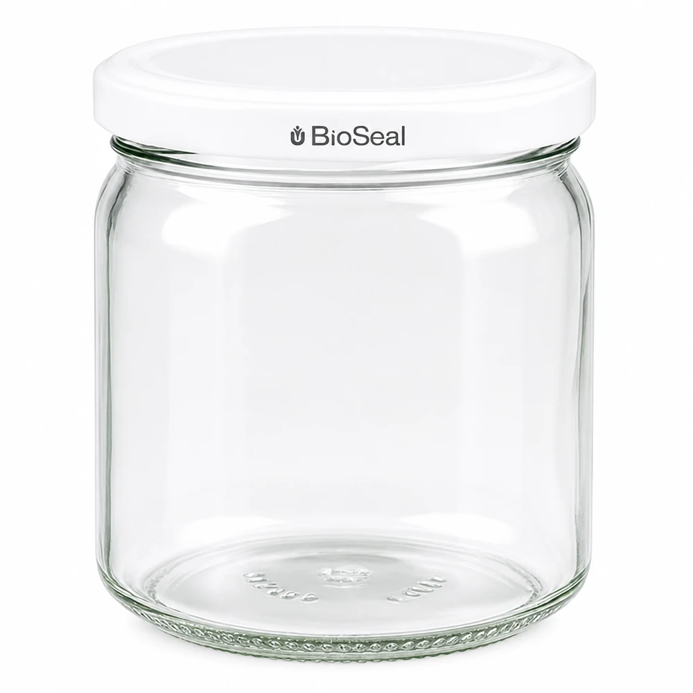 UNiTWIST Runda408 con coperchio bianco TO82 BioSeal UNiTWIST Runda408 barattolo per conserve con coperchio bianco TO82 BioSeal - barattolo di vetro rotondo per la cucina
