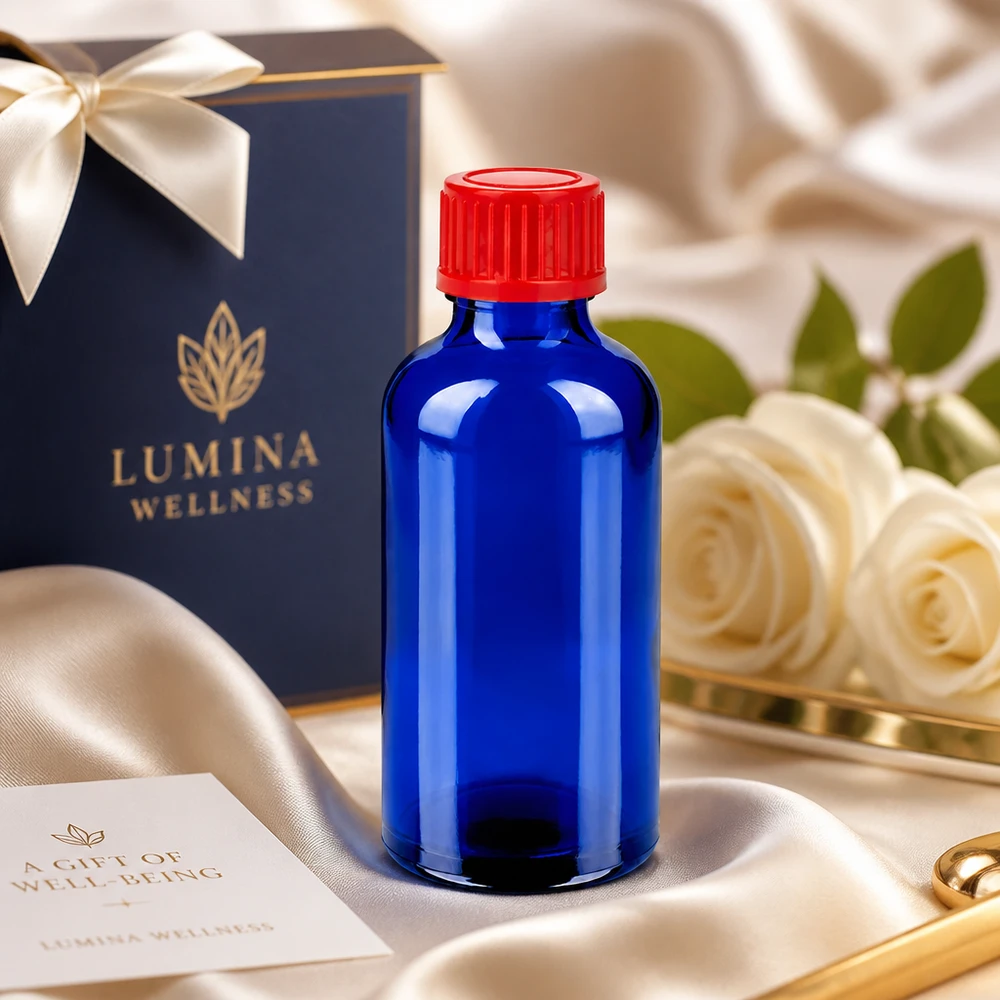 Flacone da 50ml 11mm SV rosso STD BlueLine UT18/50 Bottiglia di protezione dalla luce 50ml serie BlueLine con sistema di chiusura rosso a prova di perdite UT18/50