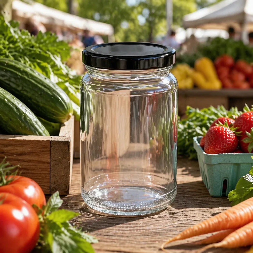 UNiTWIST Runda110 con coperchio nero. Coperchio TO48 BasicSeal UNiTWIST barattolo rotondo 110ml con coperchio nero TO48 su bancarella tra frutta e verdura fresche