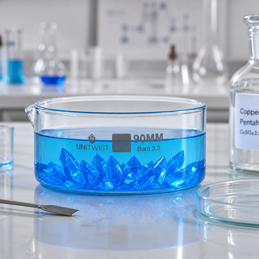 Piatto per cristallizzazione ø90 mm in vetro borosilicato UNiTWIST Vaschetta di cristallizzazione UNiTWIST da 90 mm con cristalli blu di solfato di rame in vetro borosilicato da laboratorio