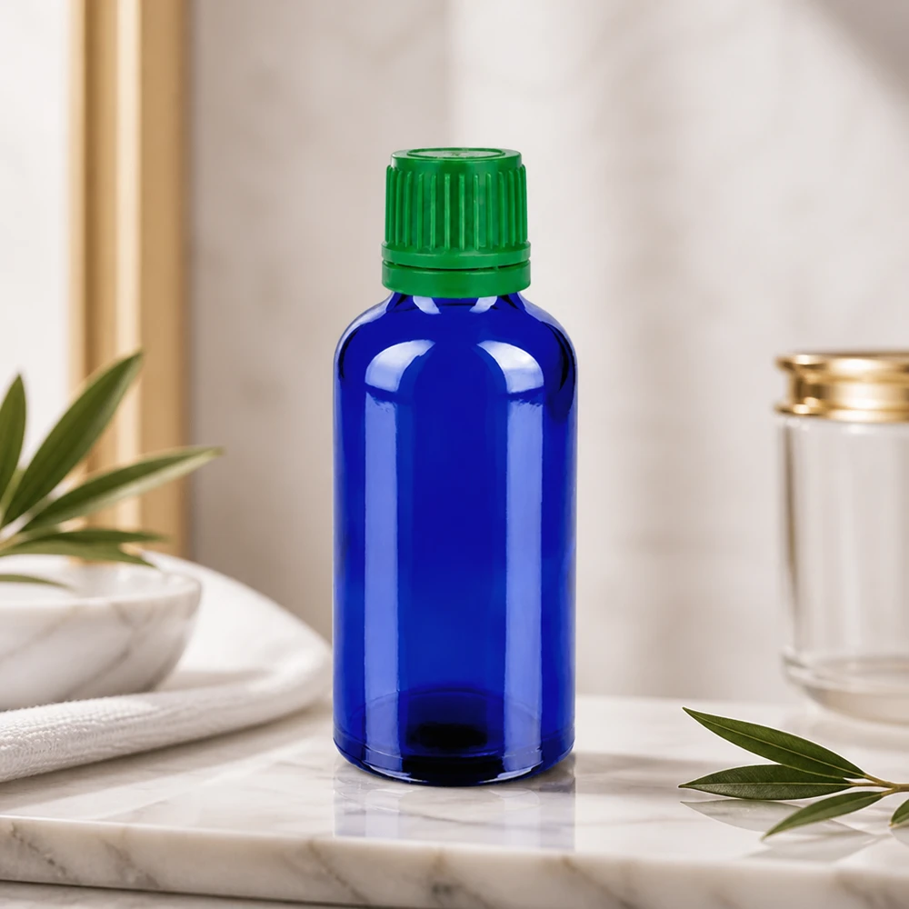 Bottiglia da 50ml 11mm SV verde OV BlueLine UT18/50 Bottiglia da laboratorio professionale da 50 ml in vetro blu con protezione UV e tappo di sicurezza