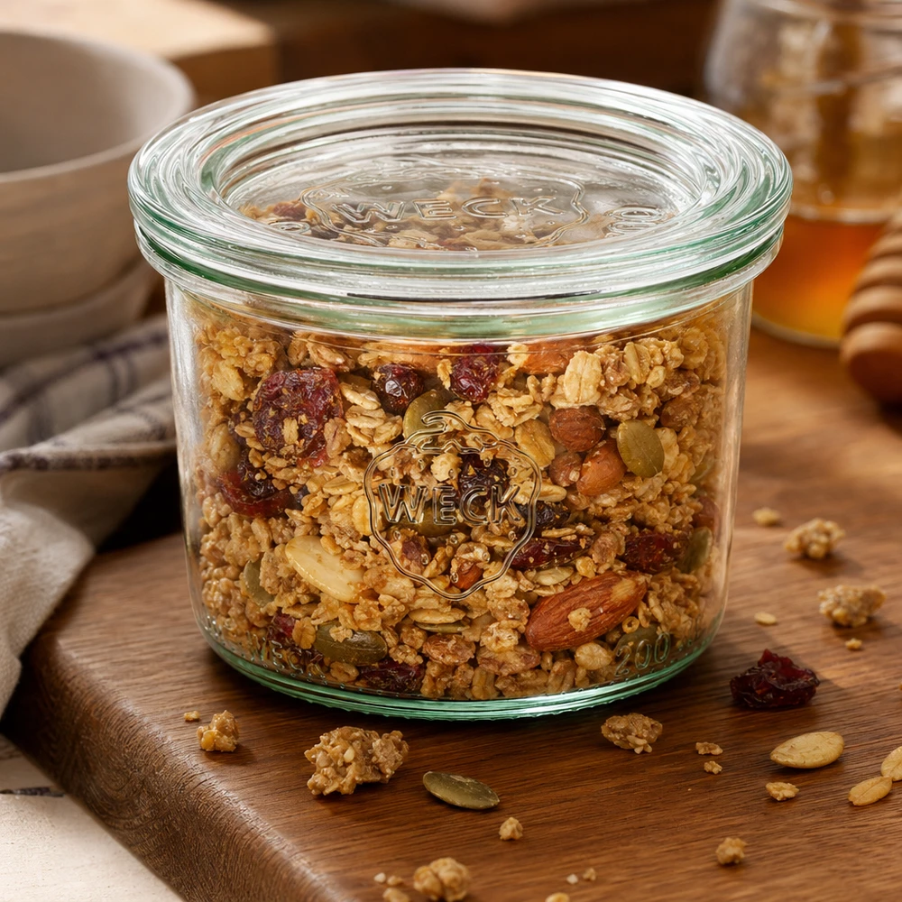 Bicchieri da 200 ml con coperchio in vetro WECK RR80 WECK 200ml RR80 mason jar riempito con muesli e noci su una tavola di legno mostra una pratica conservazione degli alimenti