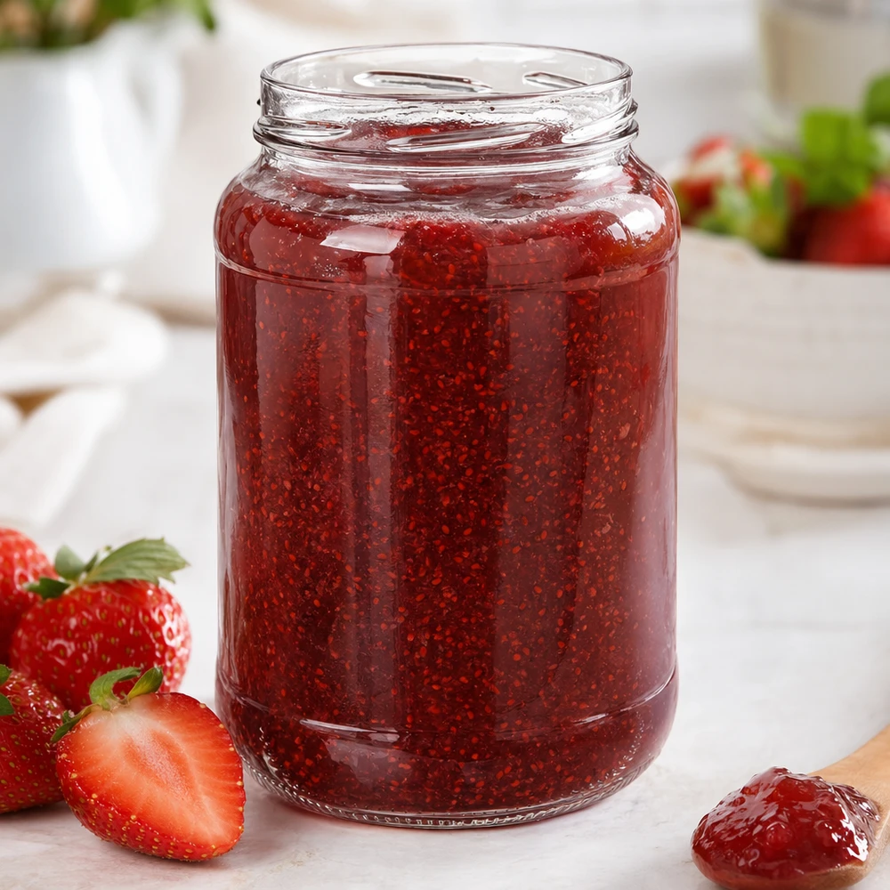 UNiTWIST Runda1700 - Barattolo capacità 1700ml TO100 UNiTWIST Runda1700 tumbler 1700ml TO100 con marmellata di fragole fatta in casa fragole fresche colazione tavolo bianco