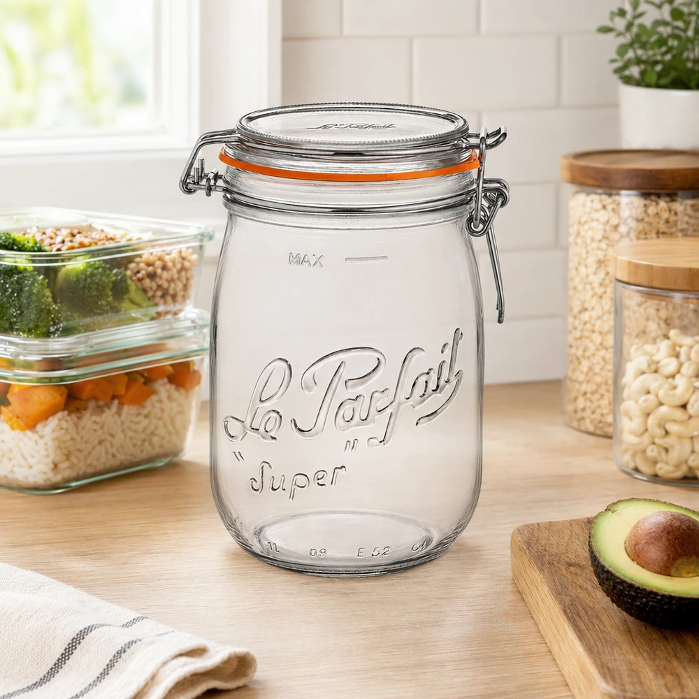 1000ml Le Parfait Super barattolo di conservazione con tappo girevole nelle cucine moderne accanto all'avocado e ad altri contenitori di conservazione
