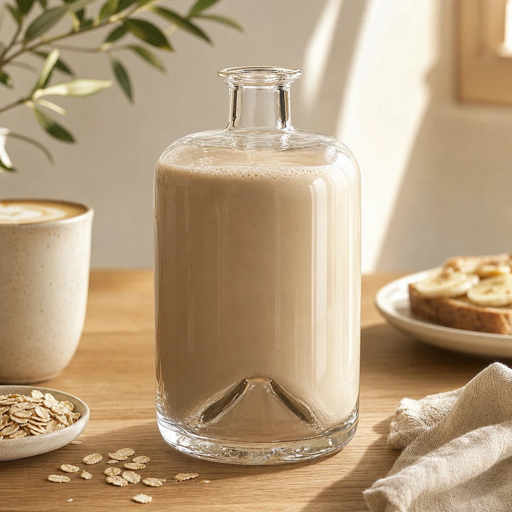 Bottiglia di vetro Sofia da 700 ml riempita di latte d'avena su un tavolo di legno accanto a farina d'avena e tazza di caffè Scatto dello stile di vita
