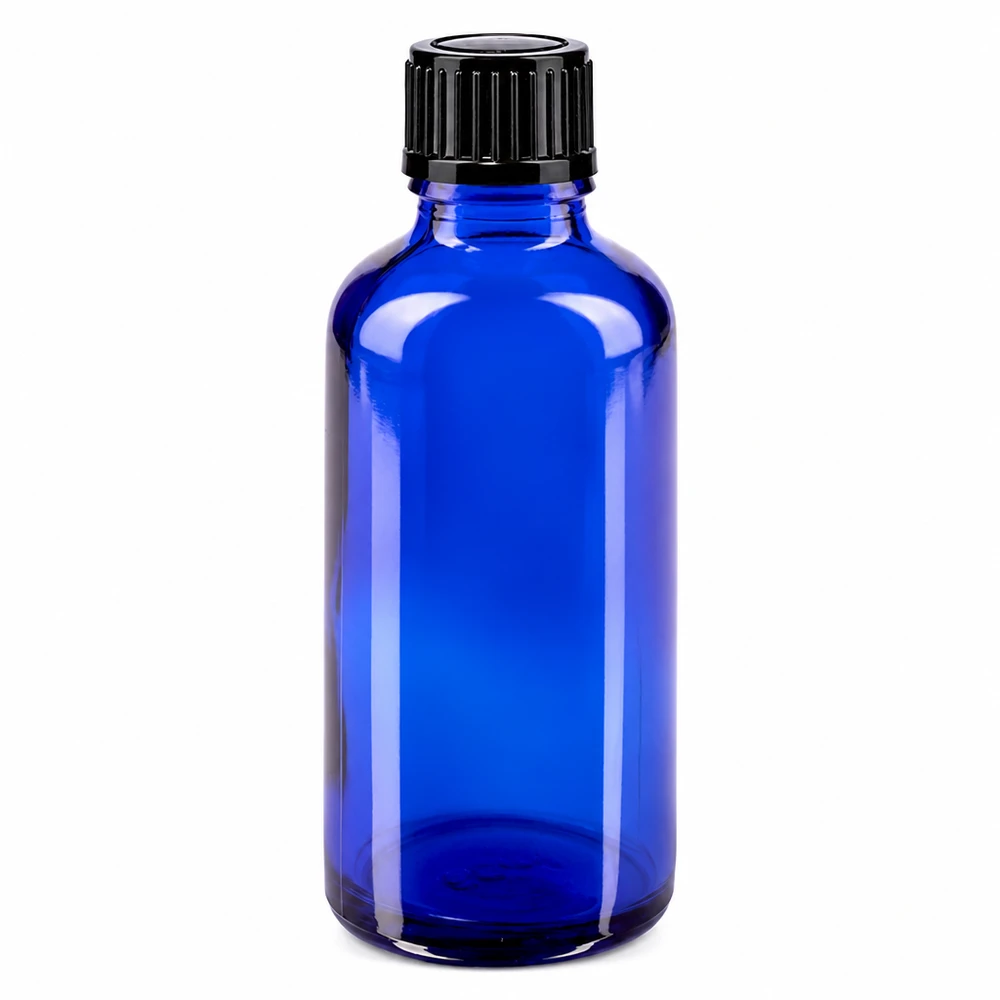 Flacone contagocce blu da 50 ml STD nero/1mm ApoGlas Flacone in vetro blu da 50 ml con tappo contagocce nero, realizzato in vetro da farmacia di alta qualità
