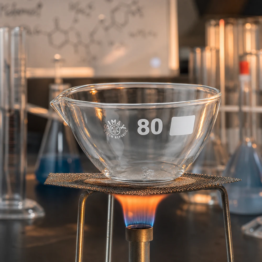 Piatto di evaporazione da 90ml con beccuccio in borosilicato ø80mm Vaschetta per vapori in vetro da laboratorio 80 mm trasparente con beccuccio per applicazioni termiche
