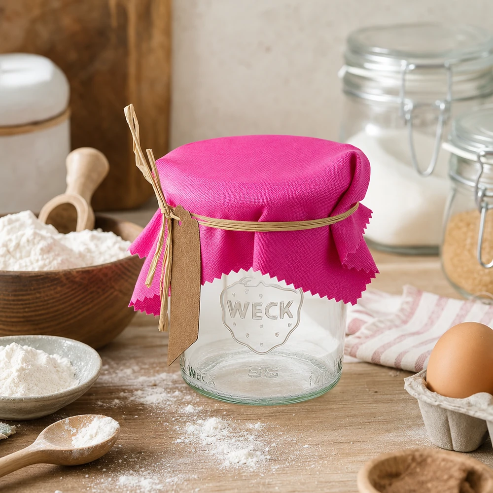 Centrino decorativo in tessuto rosa 12cm quadrato su barattolo Weck in stile cucina con farina uova e ingredienti da forno ambiente