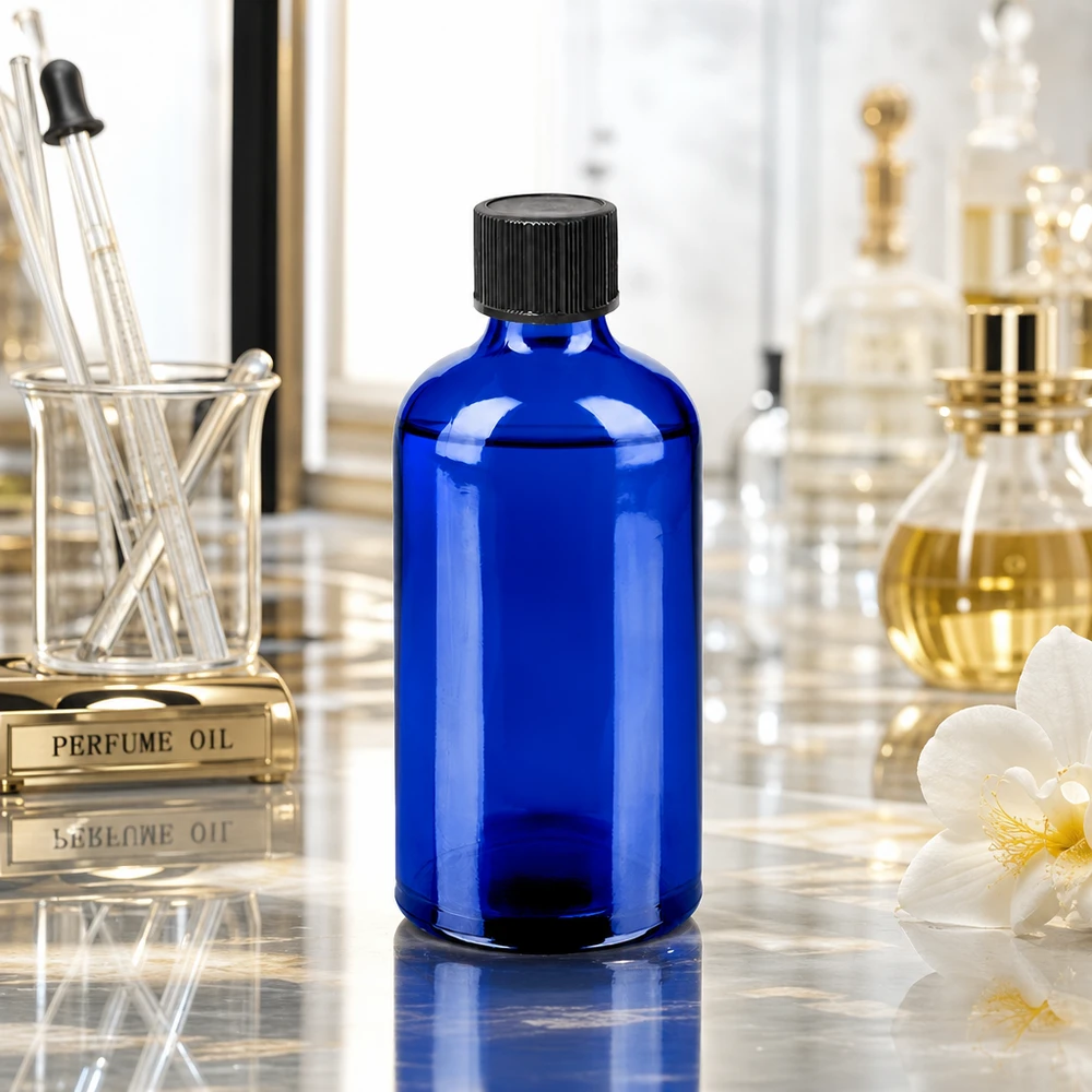 Flacone contagocce da 100 ml 1 mm nero STD BlueLine UT18/100 Elegante flacone contagocce blu cobalto da 100 ml con tappo nero opaco per una presentazione elegante del prodotto