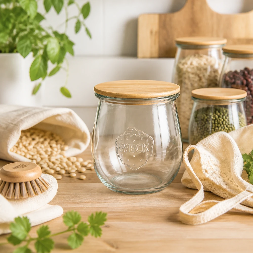 Vaso per tulipani da 220 ml WECK RR60 con coperchio in legno WECK Tulpenglas 220ml RR60 Holzdeckel in Zero-Waste Küche mit Hülsenfrüchten Getreide und nachhaltigen Utensilien