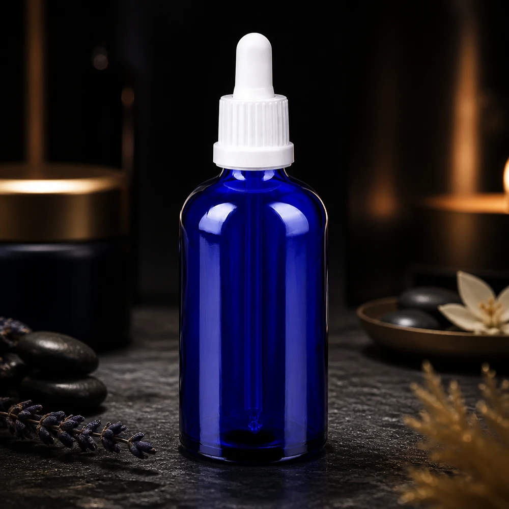 Flacone per pipette da 100 ml bianco OV BlueLine UT18/100 Flacone dosatore da 100 ml in robusto vetro blu con pratico sistema di pipette BlueLine