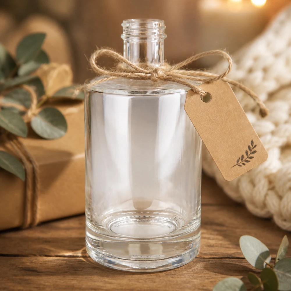 Bottiglia in vetro da 500 ml Sam senza tappo a vite UNiTWIST® Bottiglia in vetro da 500 ml Sam vuota con etichetta in carta kraft fiocco di iuta confezione regalo rustica base in legno