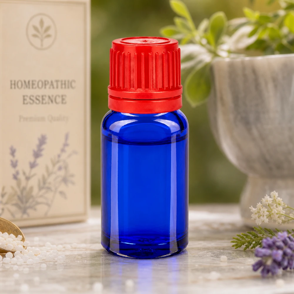 Flacone da 10ml 11mm SV rosso OV BlueLine UT18/10 Flacone di precisione da 10 ml blu con tappo dosatore rosso per un dosaggio accurato dei principi attivi