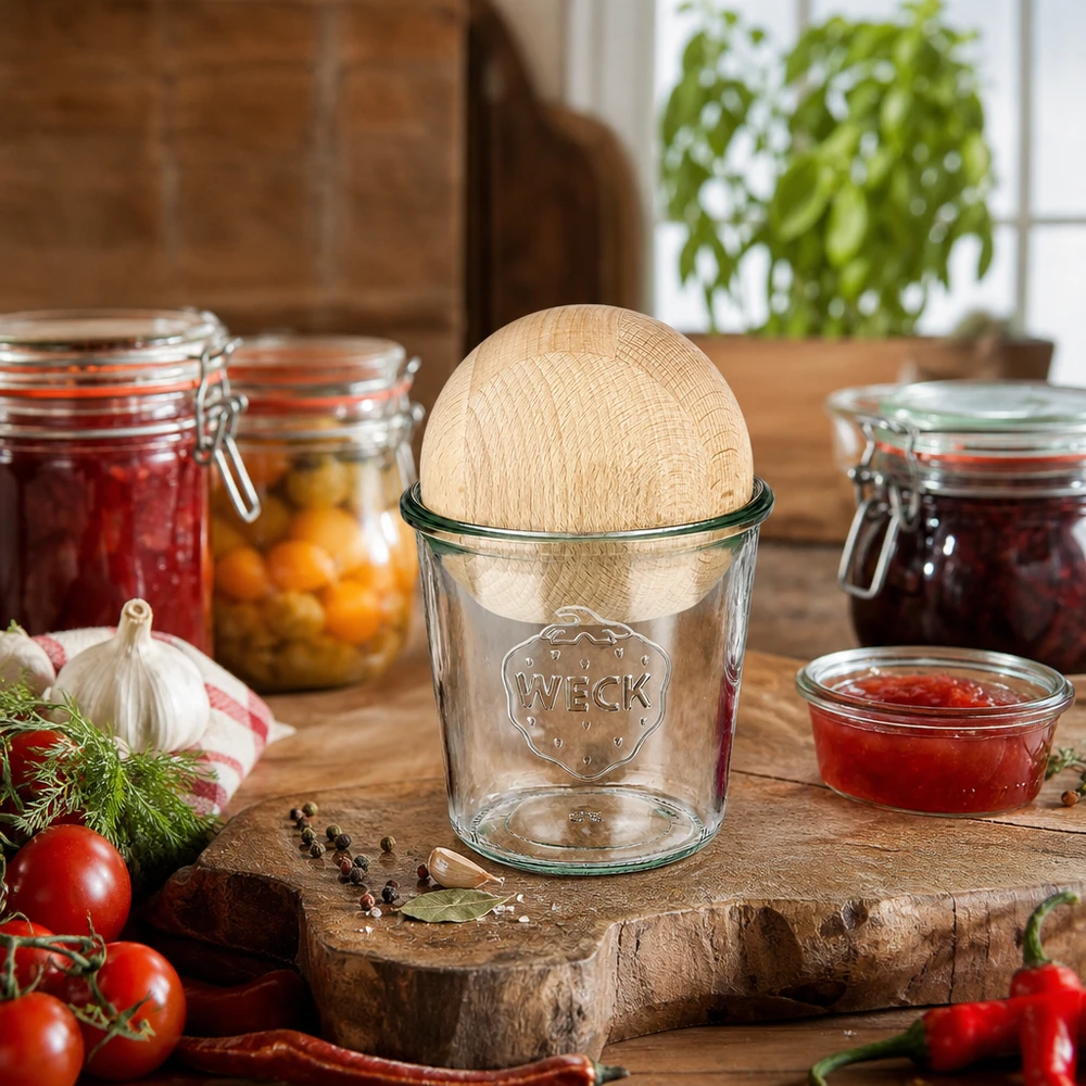 Bicchieri da 580 ml WECK RR100 con sfera di legno in faggio Vaso WECK 580ml RR100 con sfera in legno di faggio in una cucina rustica tra vasi da conserva e ingredienti freschi