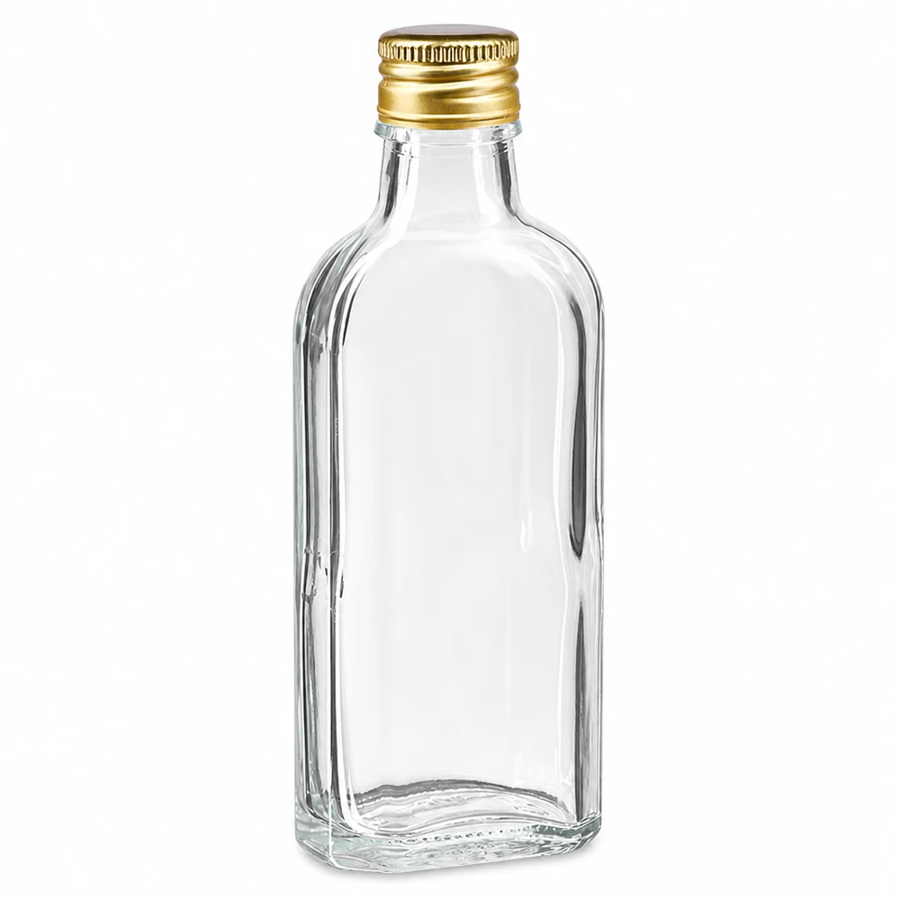 Flacone in vetro Meplat da 100 ml trasparente con tappo in alluminio dorato PP22 per distillati e liquori