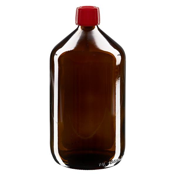 Bottiglia per medicinali da 1000 ml marrone, tappo rosso antimanomissione Bottiglia per medicinali da 1000 ml marrone, tappo rosso antimanomissione