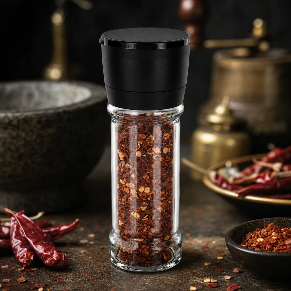 Barattolo per sale e spezie da 100 ml con macinino Vario nero Macinino per spezie Vario da 100 ml con coperchio in plastica nera, riempito con fiocchi di peperoncino rosso