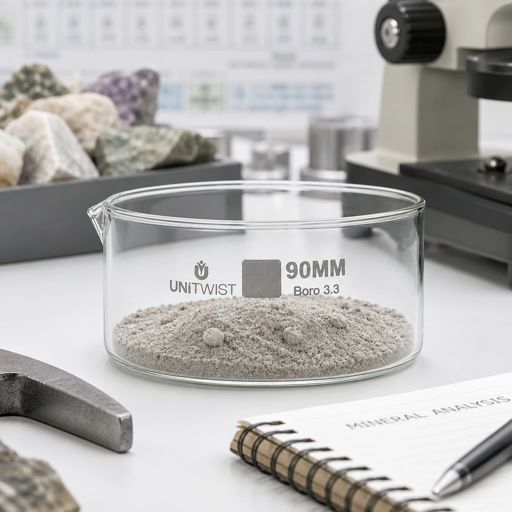 Piatto per cristallizzazione ø90 mm in vetro borosilicato UNiTWIST Vaschetta di cristallizzazione UNiTWIST da 90 mm con polvere minerale grigia su un banco da laboratorio per l'analisi delle rocce
