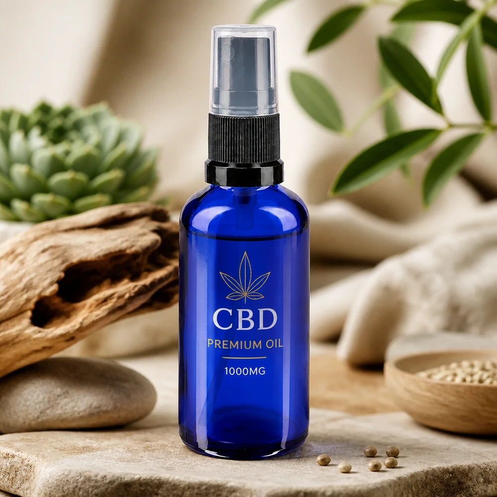 Flacone in vetro da 50 ml con protezione UV, di colore blu e dotato di erogatore a spruzzo, per olio di CBD e cosmetici naturali