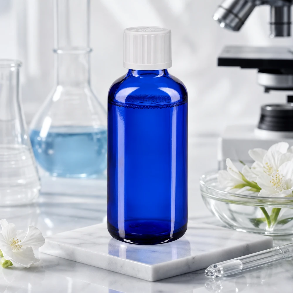 Contagocce blu da 50 ml. STD KiSi bianco/1,2mm ApoGlas Flacone di vetro blu da 50 ml con tappo KiSi in laboratorio, accanto al microscopio e al matraccio di Erlenmeyer