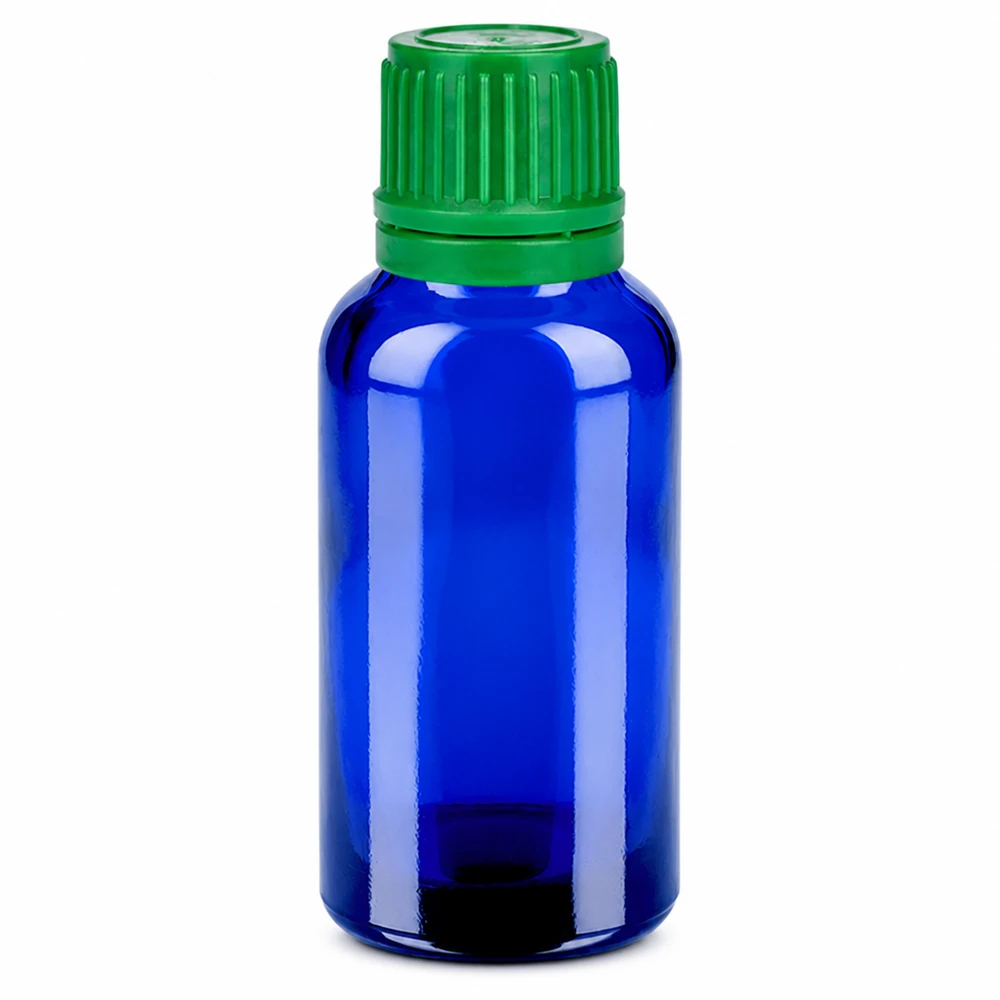 Flacone da 30ml 11mm SV verde OV BlueLine UT18/30 Bottiglia cilindrica in vetro blu da 30 ml con tappo SV verde da 11 mm