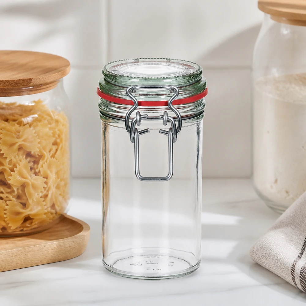Barattolo da 272 ml con tappo oscillante e sigillo rosso in una cucina moderna accanto a contenitori per la pasta e bianchi