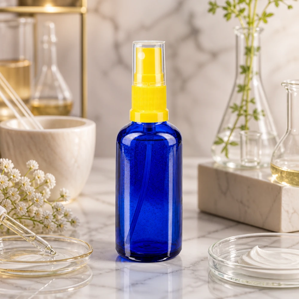 Piccola boccetta di vetro blu da 50 ml con erogatore a spruzzo giallo su marmo bianco