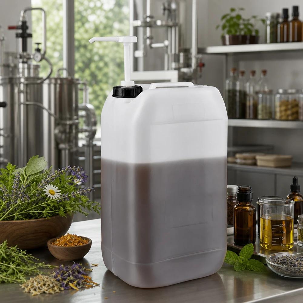 Tanica da 15 litri con pompa dosatrice Tanica da 15 litri con pompa dosatrice, circondata da erbe medicinali, lavanda e oli essenziali nella produzione di cosmetici naturali