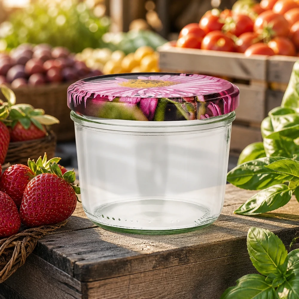 Bicchieri da 230 ml + coperchio BasicSeal design floreale UNiTWIST Bicchieri da 230 ml con coperchio a fiore su una tavola di legno tra fragole e verdure fresche in un'atmosfera da mercato