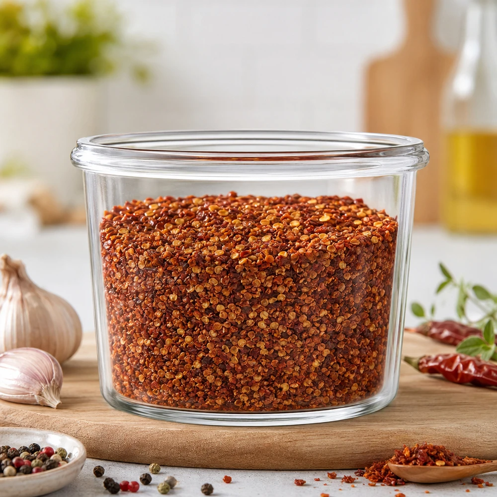 Barattolo di vetro WECK 35ml RR40 pieno di mix di spezie al peperoncino in cucina moderna su tavola di legno