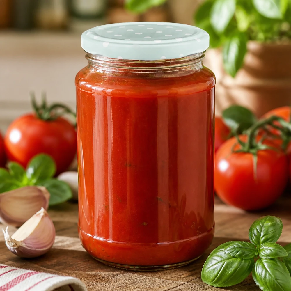Vaso rotondo in vetro da 320 ml + BasicSeal a pois color menta opaco UNiTWIST Conservare il sugo italiano per la pasta con un barattolo di vetro rotondo UNiTWIST da 320 ml e il coperchio BasicSeal a punti