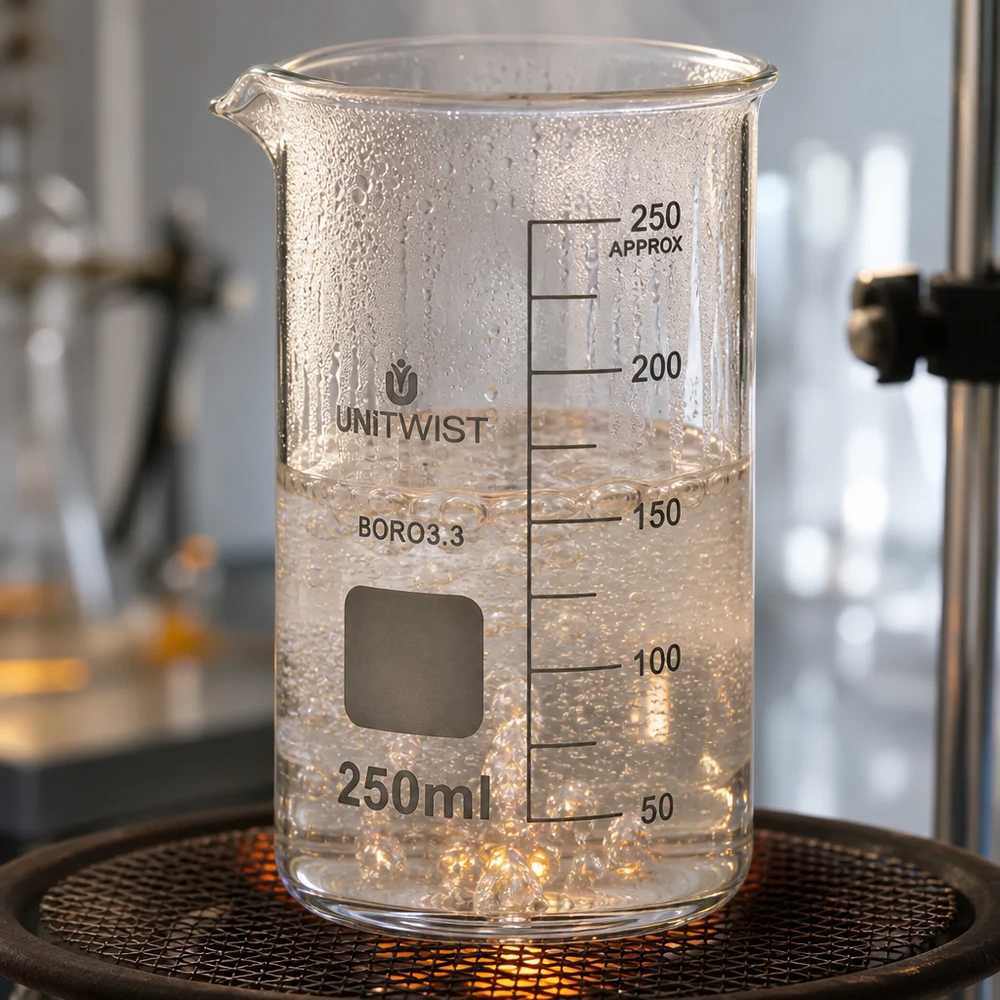 Acqua bollente nel becher UNITWIST da 250 ml, modello alto, riscaldata su una piastra riscaldante