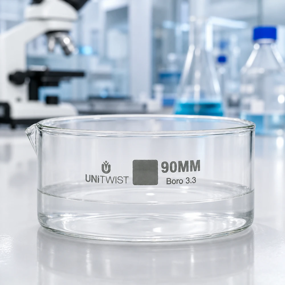 Piatto per cristallizzazione ø90 mm in vetro borosilicato UNiTWIST Vaschetta di cristallizzazione vuota da 90 mm UNiTWIST Boro 3.3 su sfondo di laboratorio con microscopio e matraccio di Erlenmeyer