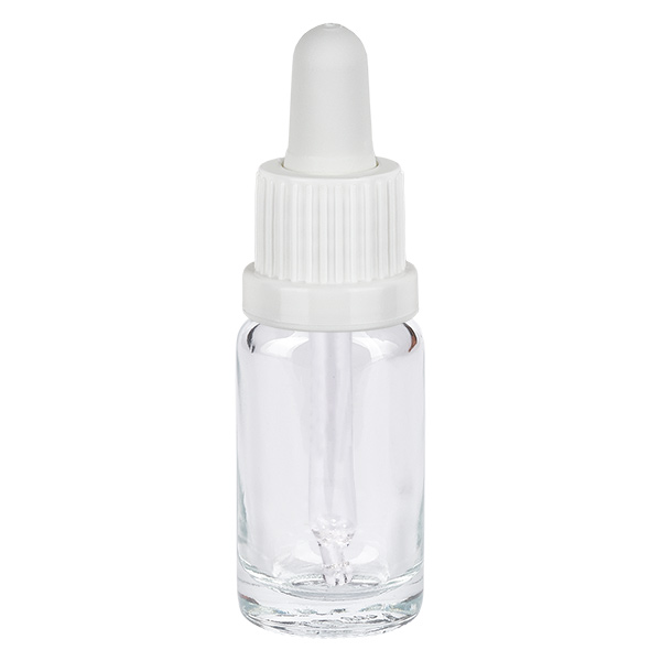 Flacone per pipette da 10 ml bianco OV ClearLine UT18/10 Flacone con pipetta in vetro trasparente da 10 ml con tappo contagocce bianco, serie ClearLine