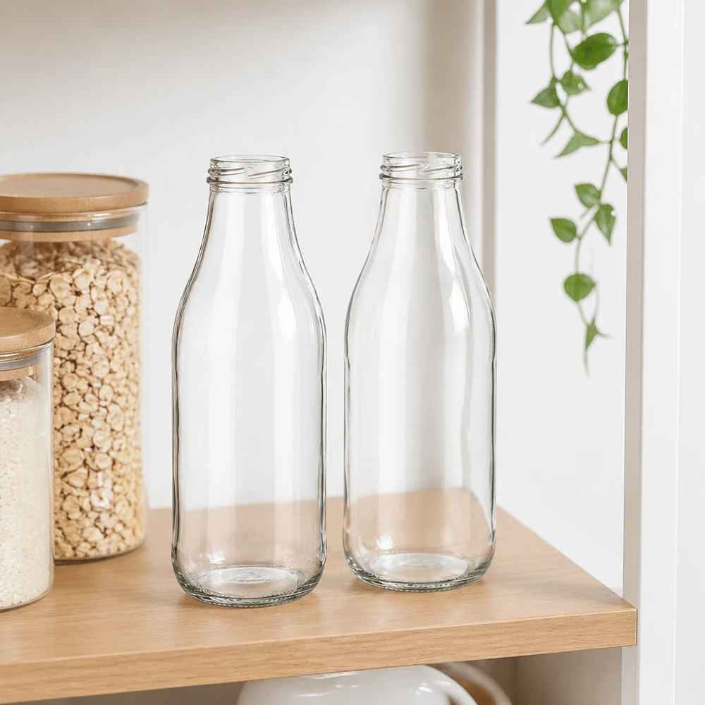Bottiglia di vetro da 1000ml senza coperchio (TO48) UNiTWIST Bottiglie di vetro da 1000ml TO48 UNiTWIST due bottiglie di latte vuote su una mensola di legno in una cucina moderna con vasi di stoccaggio