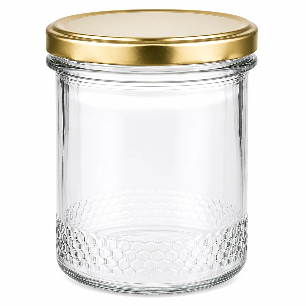 Vasetto per miele da 560 g con capsula dorata BasicSeal UNiTWIST Vasetto di miele da 400 ml vuoto con coperchio BasicSeal UNiTWIST dorato e motivo a nido d'ape sulla base