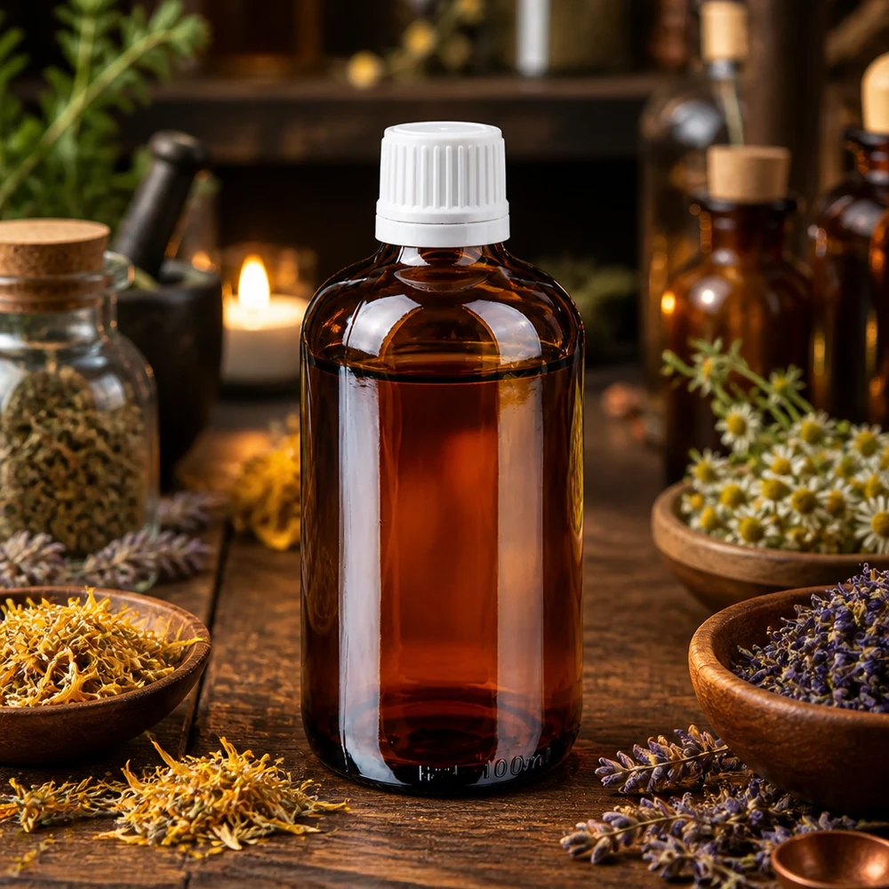 Piccola bottiglia di vetro marrone da 100 ml con tappo di sicurezza per bambini bianco, tra erbe medicinali essiccate
