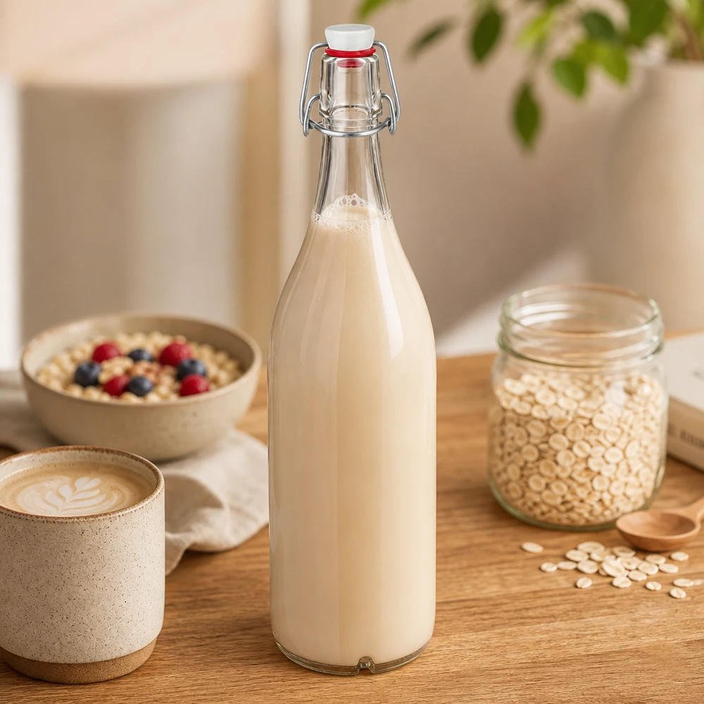 Bottiglia di vetro da 1000ml + piano oscillante in porcellana UN. Bottiglia di vetro da 1000 ml con tappo girevole riempita di latte d'avena accanto a farina d'avena e ciotola per la colazione su un tavolo di legno