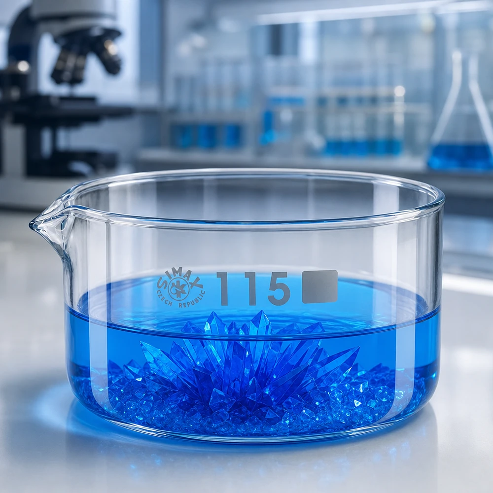 Piatto per cristallizzazione da 500ml con beccuccio Bo.. ø115mm Ciotola piatta in vetro da 500 ml con cristalli blu, in vetro borosilicato da laboratorio SIMAX, diametro 115 mm