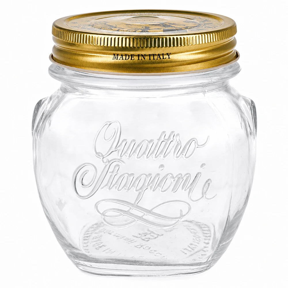 Barattolo rotondo "Quattro Stagioni" da 300 ml con coperchio Barattolo rotondo Quattro Stagioni da 300 ml con coperchio dorato Made in Italy barattolo da conserva trasparente vuoto