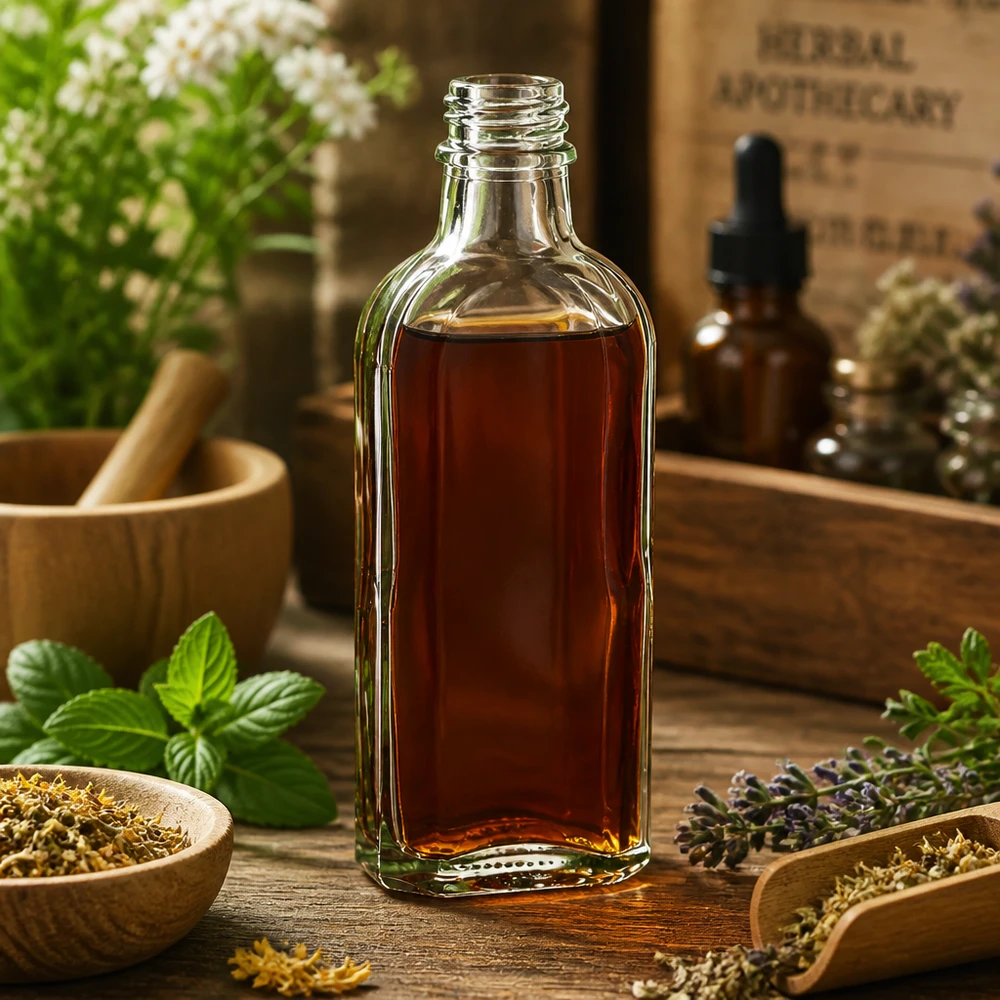 Flacone di vetro da farmacia da 100 ml, flacone Meplat trasparente con tappo DIN22, tra le erbe medicinali