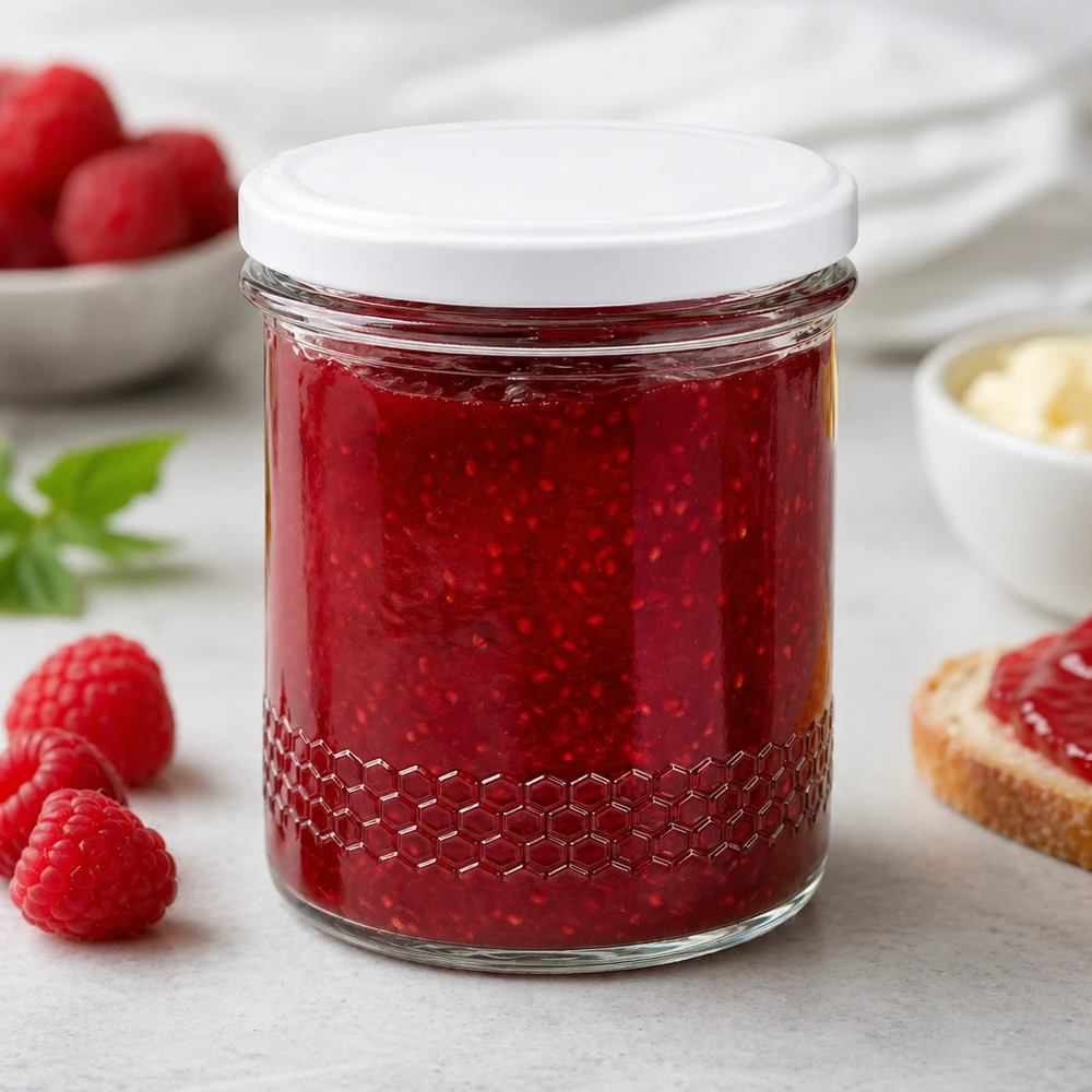 Vasetto per miele da 560 g con capsula bianca BasicSeal UNiTWIST Vasetto di miele da 400 ml come vasetto per marmellata di lamponi ripieno di marmellata rossa scena di colazione BasicSeal coperchio bianco