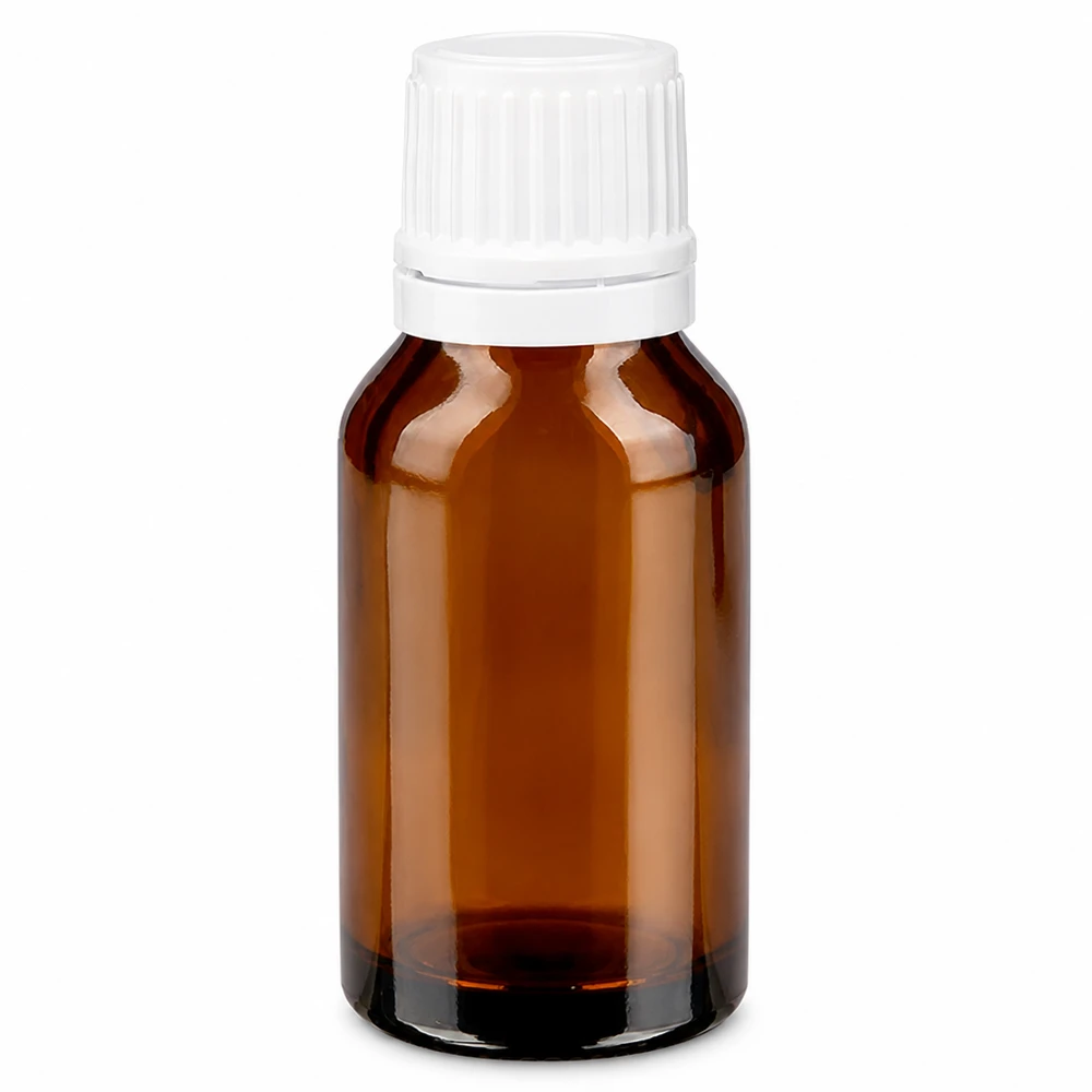 Bottiglia da farmacia marrone 15ml con tappo a vite bianco OV Flacone da farmacia marrone da 15 ml con tappo di sicurezza bianco in vetro ambrato