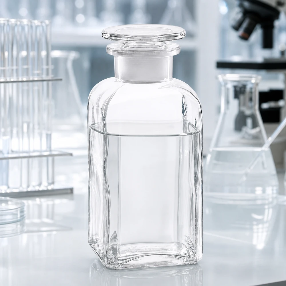 Bottiglia quadrata 350ml trasparente a collo largo con tappo in vetro Fiaschetta da laboratorio da 350 ml, a sezione quadrata, a collo largo, con tappo in vetro trasparente, per reagenti chimici