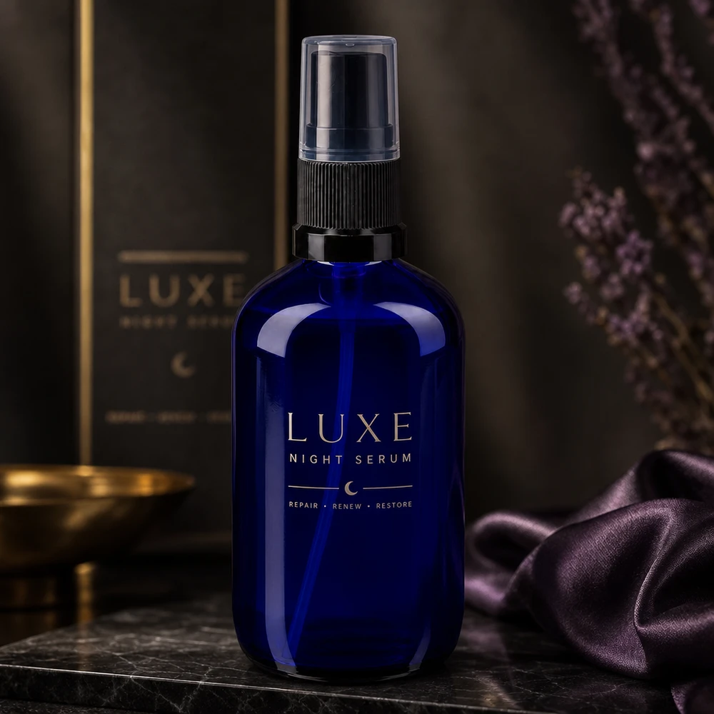 Flacone spray blu da 100 ml. STD nero/trasp. ApoGlas Lussuoso flacone spray in vetro blu da 100 ml con nebulizzatore nero, su base in marmo con tessuto di seta e fiori secchi