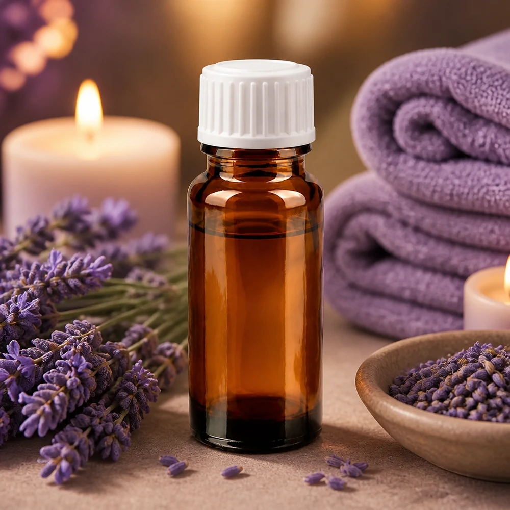 Vaso da farmacia marrone da 10 ml con contagocce bianco da 0,9 mm, circondato da fiori di lavanda e candele